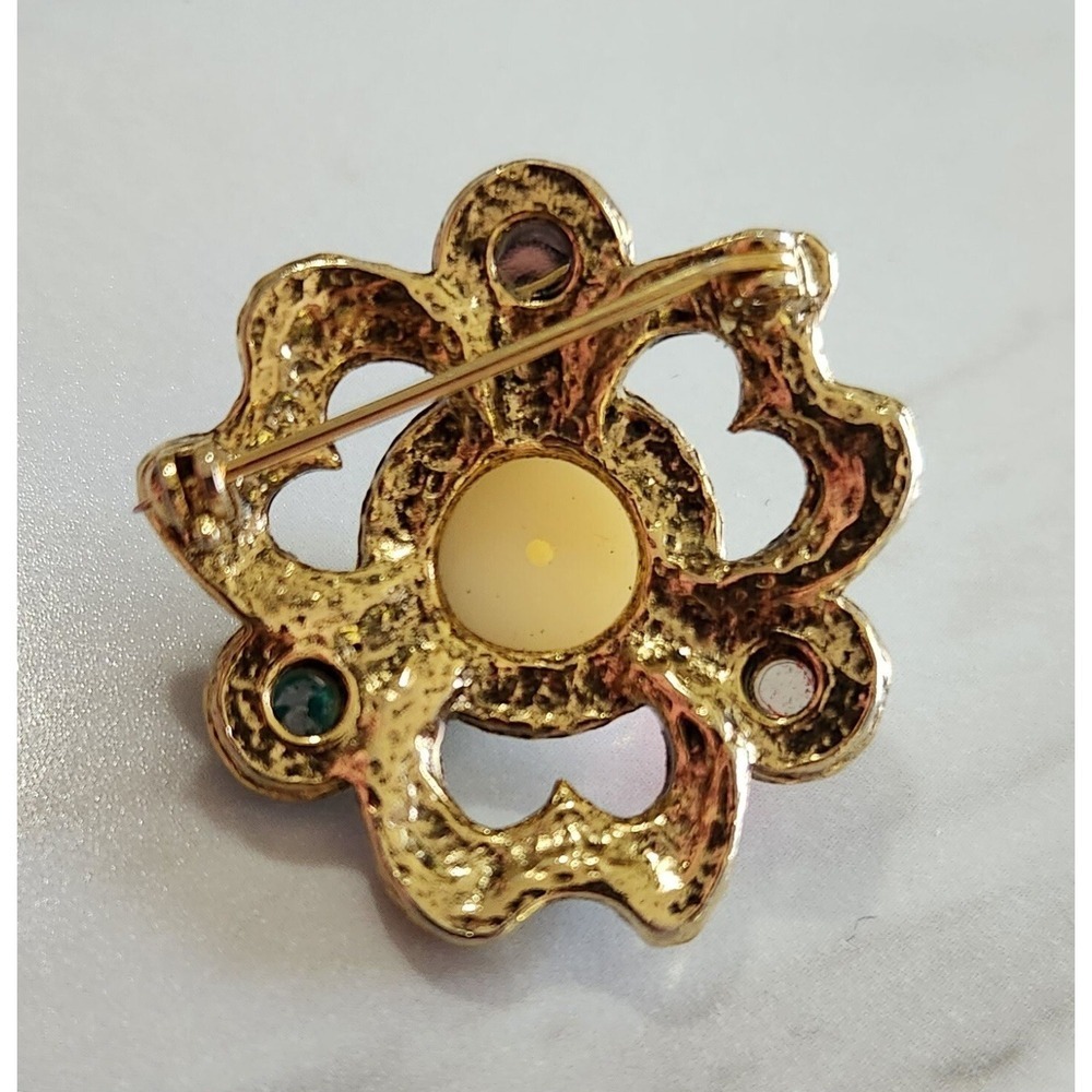 Vintage Faux Cabochon Pearl, Emerald, Ruby, & Sapphire Gold Tone Brooch - Picture 2 of 6